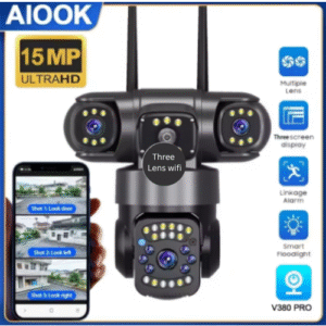 AIOOK Three Lens WiFi IP Camera HD 15MP Outdoor Waterproof Two Way Intercom Full Color Night Vision PTZ CCTV V380 PRO Camera