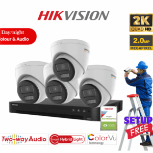 4 CCTV Kit Hikvision 2MP/3K Hikvision Fixed Turret Camera Smart Dual-Light, Mic, Siren, 2-way Audio, Free Setup.