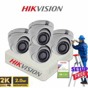 4CCTV Kit 2MP/2K Hikvision DS-2CE56D8T-ITME Pro Series, Turbo HD IR 30M Ultra Low Light PoC Turret Camera, Free Setup.