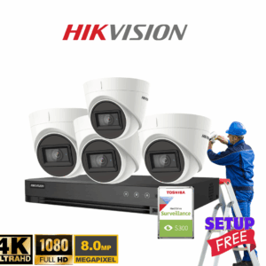4CCTV Kit 8MP 4K Hikvision DS-2CE78U1T-IT3F HD-TVI Turret Camera, Free Setup.