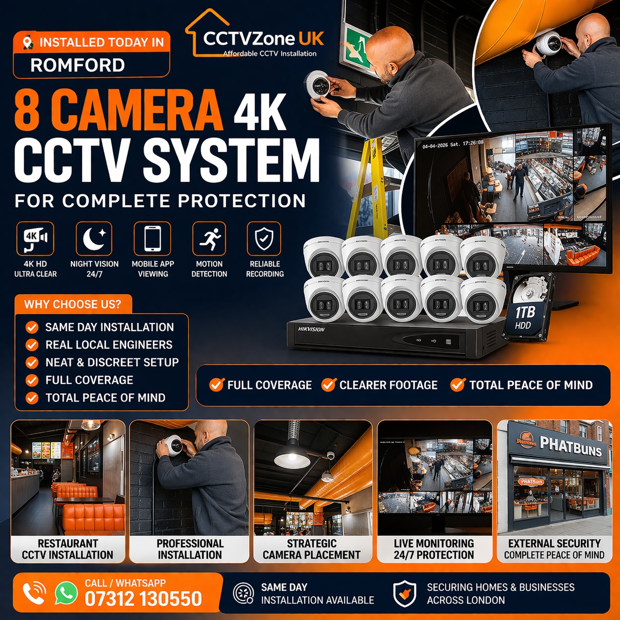 Restaurant CCTV installation Romford HD 4K 8 camera system