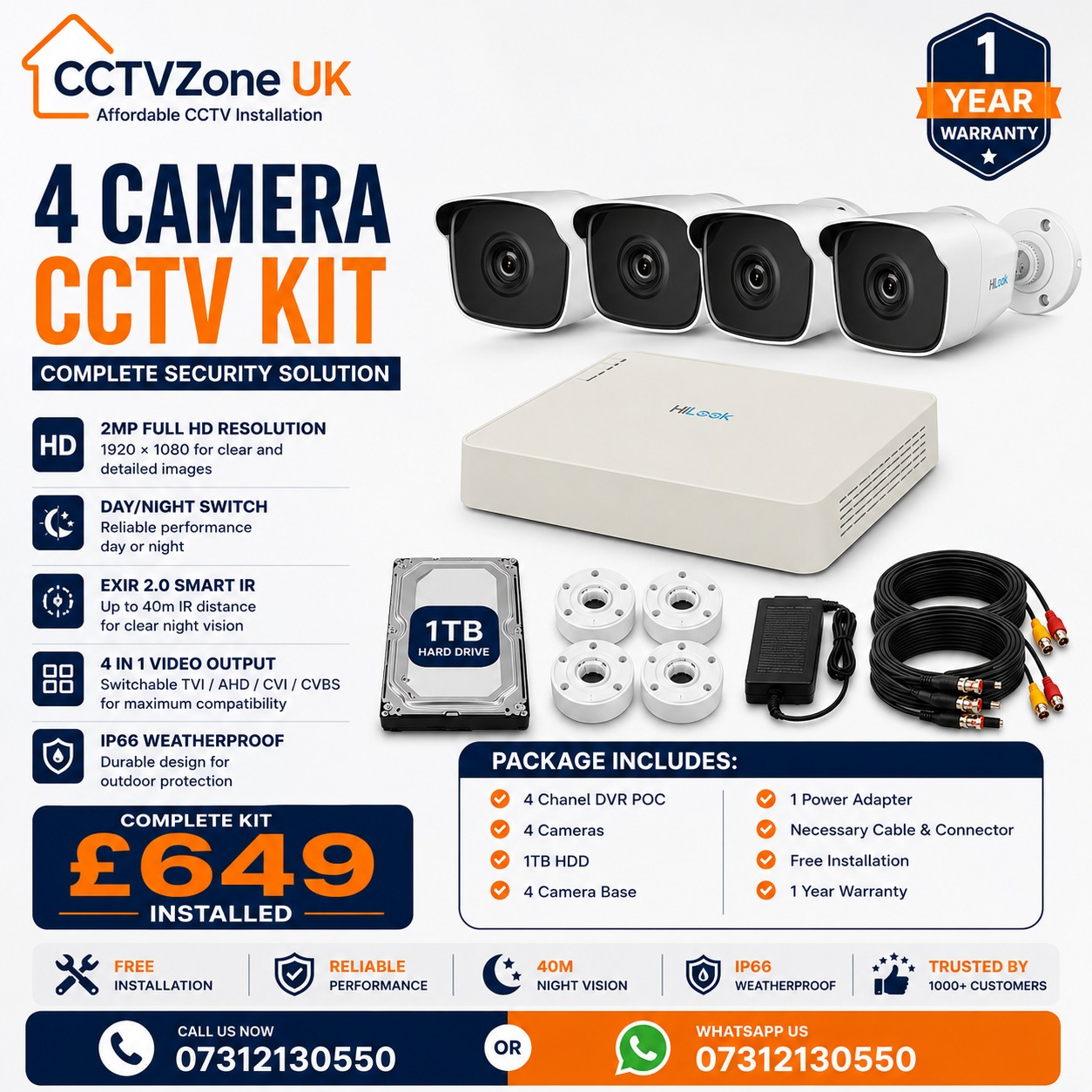 4 Camera HiLook Bullet CCTV Kit
